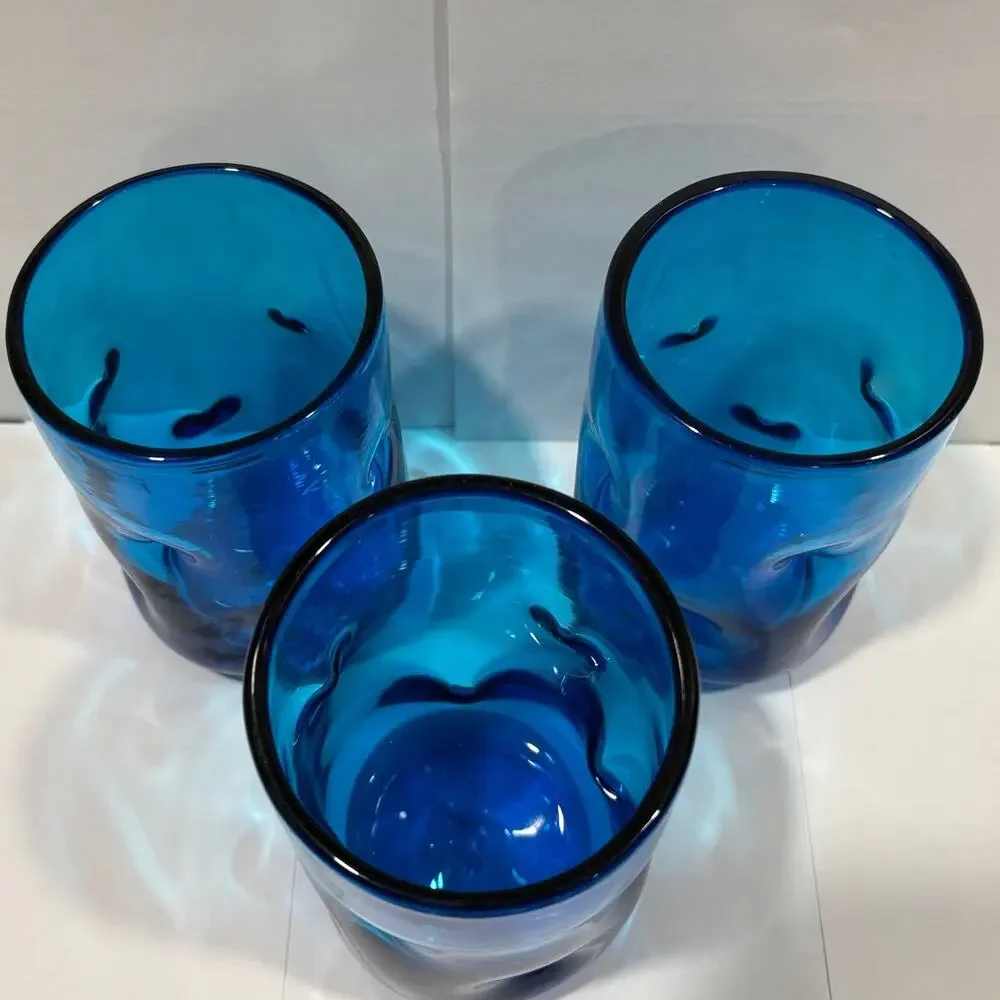 Set of 3 Blenko Tumbler Drinking Glasses Turquoise Blue Pinched Dimpled 4.5 Inch